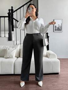 SHEIN Privé Pantalones de vestir formales de oficina de talla grande en color gris oscuro con bolsillos, para ir al trabajo - Gris Oscuro - Ver 5