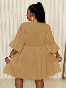 Slaydiva 大码优雅通勤休闲白衬衫连衣裙，下摆不对称，短袖，适合女士春夏装 - 芥末黃 - 查看 2