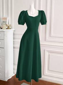 Modelyn 女士甜心领口短袖优雅迷人时尚连衣裙 - 墨綠色 - 查看 1