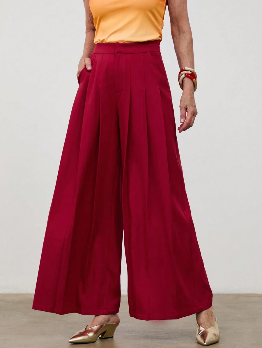 SHEIN LUNE Ladies Solid Color With Pocket Pleated Wide-Leg Pants - Red - View 1