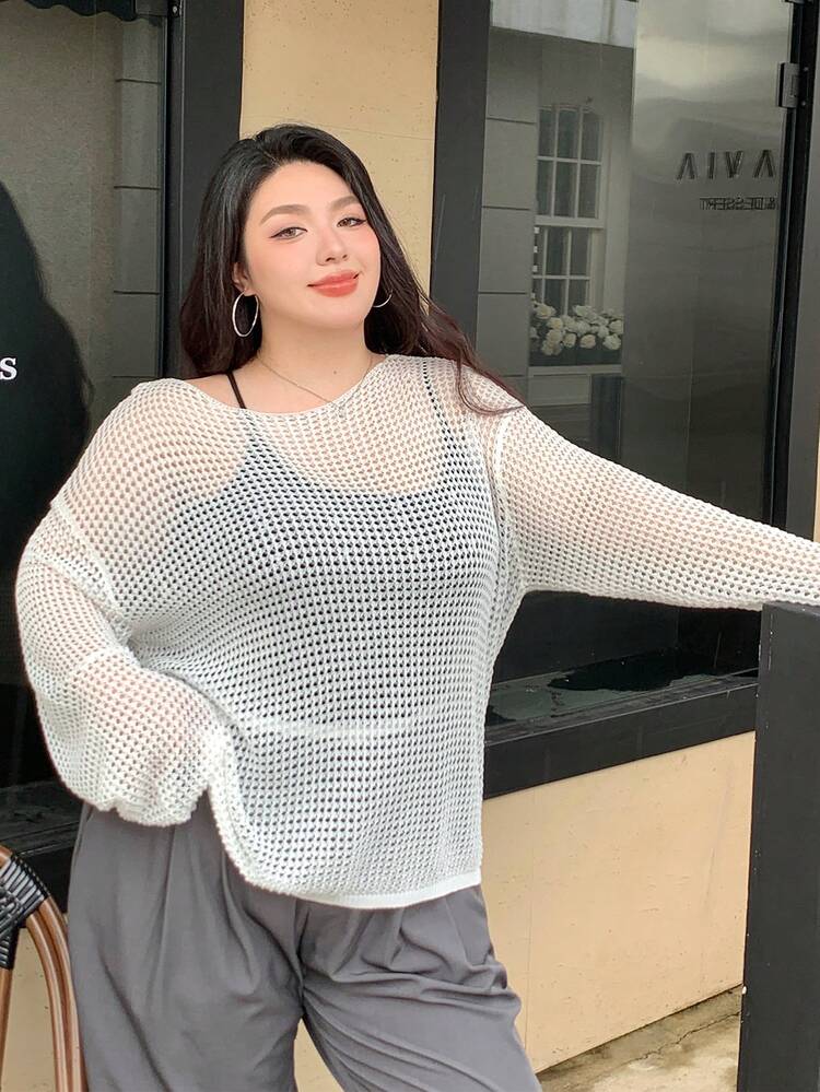 Dazy Plus Suéter holgado de punto de red con cuello redondo para mujer de talla grande, para primavera y otoño - Blanco - Añade 4