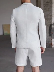 Calvornis 2 件套男士纯色单排扣长袖西装外套和短裤夏季休闲套装 - 白色 - 查看 9