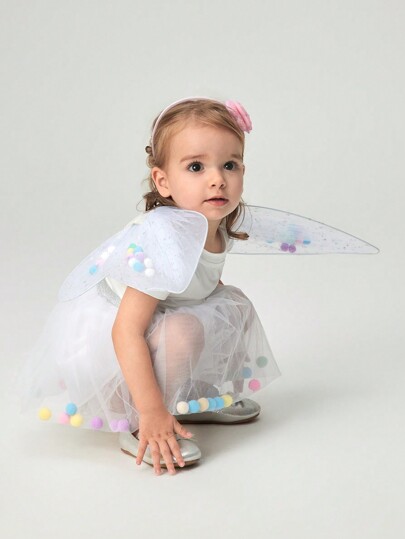 SHEIN Newborn Baby Girl Cute Fancy White Mesh Colorful Pompom Wing  Elegant Photography Costume, For Halloween Party