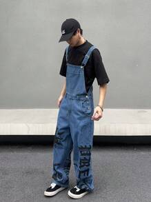 Manfinity Roghcode Men Plain Rapper Graffiti Street Wear Loose Fit Wide Leg Denim Overalls With Letter Print And Pockets For Party - Blue - View 7