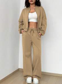 Flirla Women Street Style Camouflage Maple Leaf Print Zipper Sweatshirt & Pants Set For Autumn/Winter - Khaki - View 6