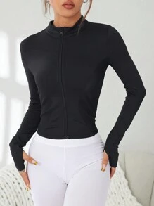 SHEIN Sports 纯色前拉链长袖简约运动夹克，日常休闲穿着 - 黑色 - 查看 5