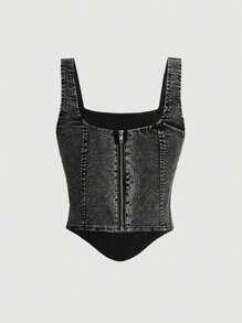 SHEIN MOD Parte superior de tirantes anchos y cierre trasero de mezclilla casual negra para mujer - Negro - Ver 2