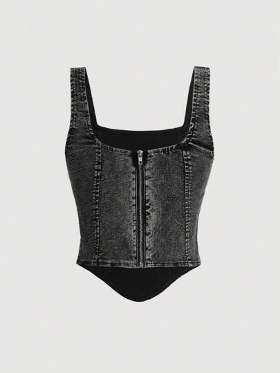 SHEIN MOD Women Black Casual Denim Tank Top With Wide Straps And Back Zipper, Vintage
