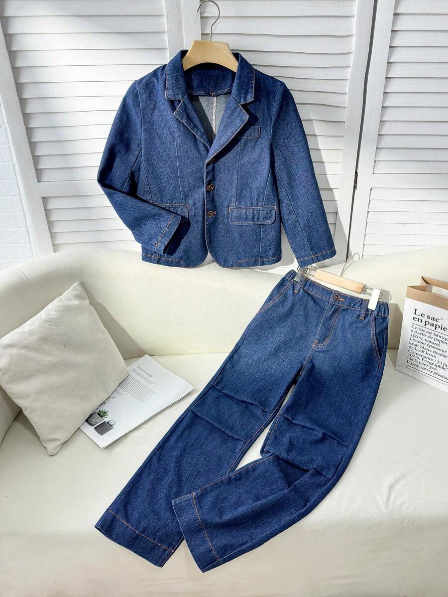 TWEEN BOY Preppy Casual Dark Wash Suit Jacket & Baggy Pants Set - Dark Wash - View 1