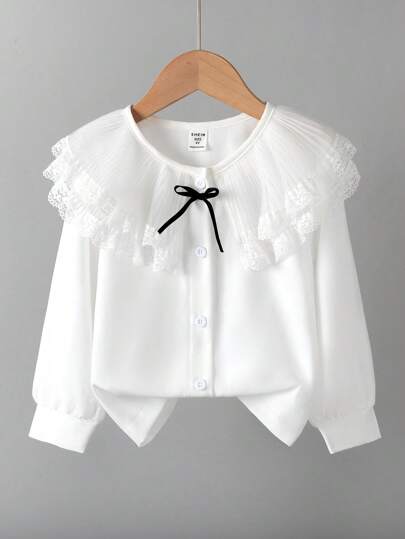 SHEIN 1pc Young Girls' White High Collar, Lace Trim, Button Front, Bell Sleeve Princess Blouse, Autumn/Spring
