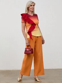 SHEIN LUNE Ensemble deux-pièces femme, T-shirt à col V à volants dégradé et pantalon, manches courtes, été - Multicolore - Voir 5