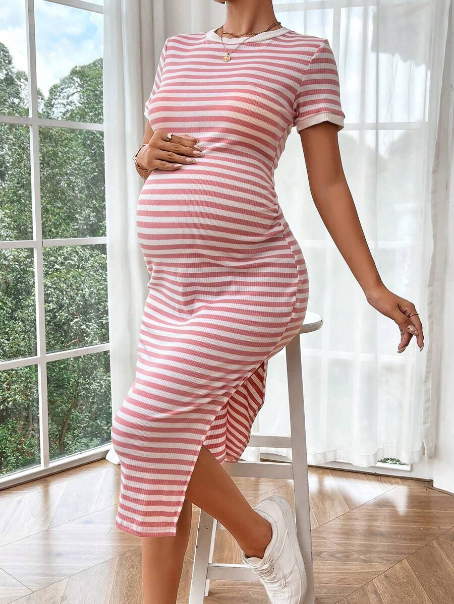 SHEIN Vestido midi ajustado con abertura lateral a rayas casual de maternidad de verano - Rosa - Ver 1