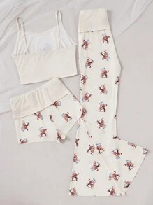 Dream Adore 3-delige damespyjamaset met berenprint - hemdje met kanten rand, spaghettibandjes, geplooide shorts en casual broek met rechte pijpen