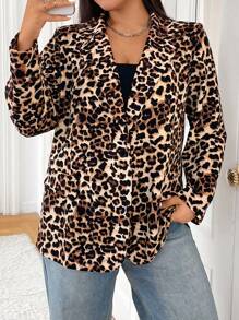SHEIN EZwear Blazer informal de manga larga con bolsillos y estampado de leopardo para tallas grandes