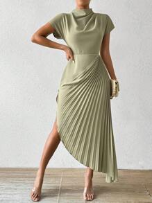 Calvaya Vestido elegante maxi con cuello alto, plisado asimétrico en el bajo para mujer