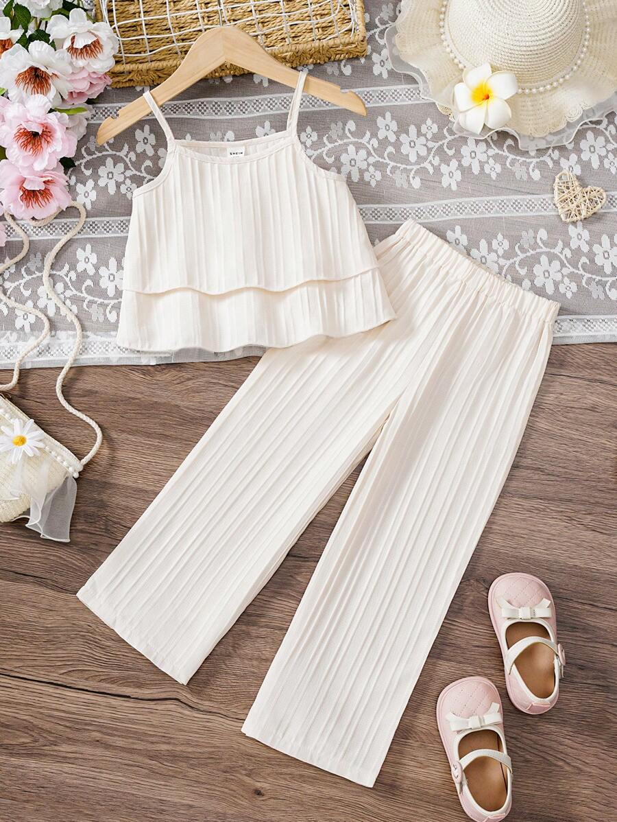 SHEIN Vintaside Kids 2pcs/Set Young Girl Fashion Ruffle Strap Top And Pants Summer Outfit, Suitable For Vacation - Apricot - View 1