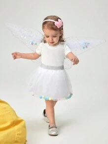 SHEIN Noworodek Dziewczynka Śliczny Fantazyjny Biały Siatkowy Kolorowy Pompon Skrzydło Elegancki Kostium Fotograficzny, Na Imprezę Halloween