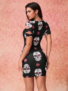 SHEIN Essnce SHEIN X 亡靈節 亡灵节连衣裙、亡灵节、糖骷髅 T 恤、墨西哥衬衫、万圣节连衣裙、万圣节服装、女士连衣裙、女士圆领骷髅花卉印花袖口镂空设计紧身连衣裙 - 彩色 - 查看 2