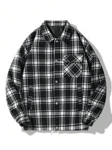Manfinity Homme Chaqueta casual de manga larga con botones, cuello de solapa y bolsillos, con estampado a cuadros para hombres