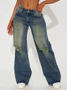 American Vintage High Street Ripped Jeans Women's Autumn Wash Blue Loose With Casual Straight Trousers And Pants Boyfriend Style - Blue - View 4