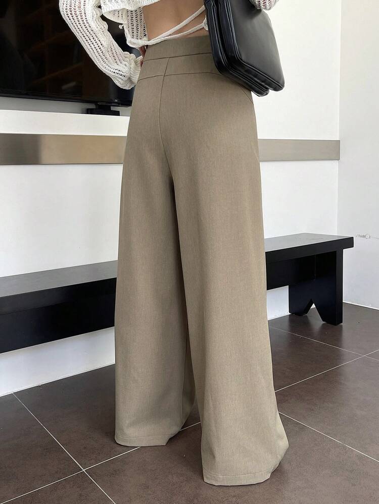Solid Color Patchwork Pleated Wide Leg Pants For Women