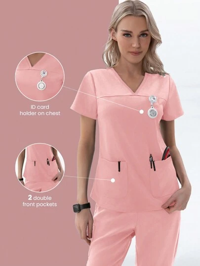 TaskEZ 2-fickor V-ringad kortärmad sjuksköterska Uniform Scrub Top Kläder för kvinnor