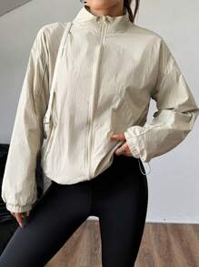 Flirla Beige Solid Color Zip-Up Casual Long Sleeve Jacket - Khaki - View 5