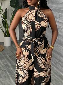 Slaydiva Mono de pierna ancha con cuello alto, bolsillos con abertura y estampado floral para vacaciones - Multicolor - Ver 4