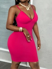 SHEIN Slayr Sexy Elegant Spaghetti Strap Fitted Rose Red Short Low-Cut Lace Trim Women's Mini Dress - Hot Pink - View 3
