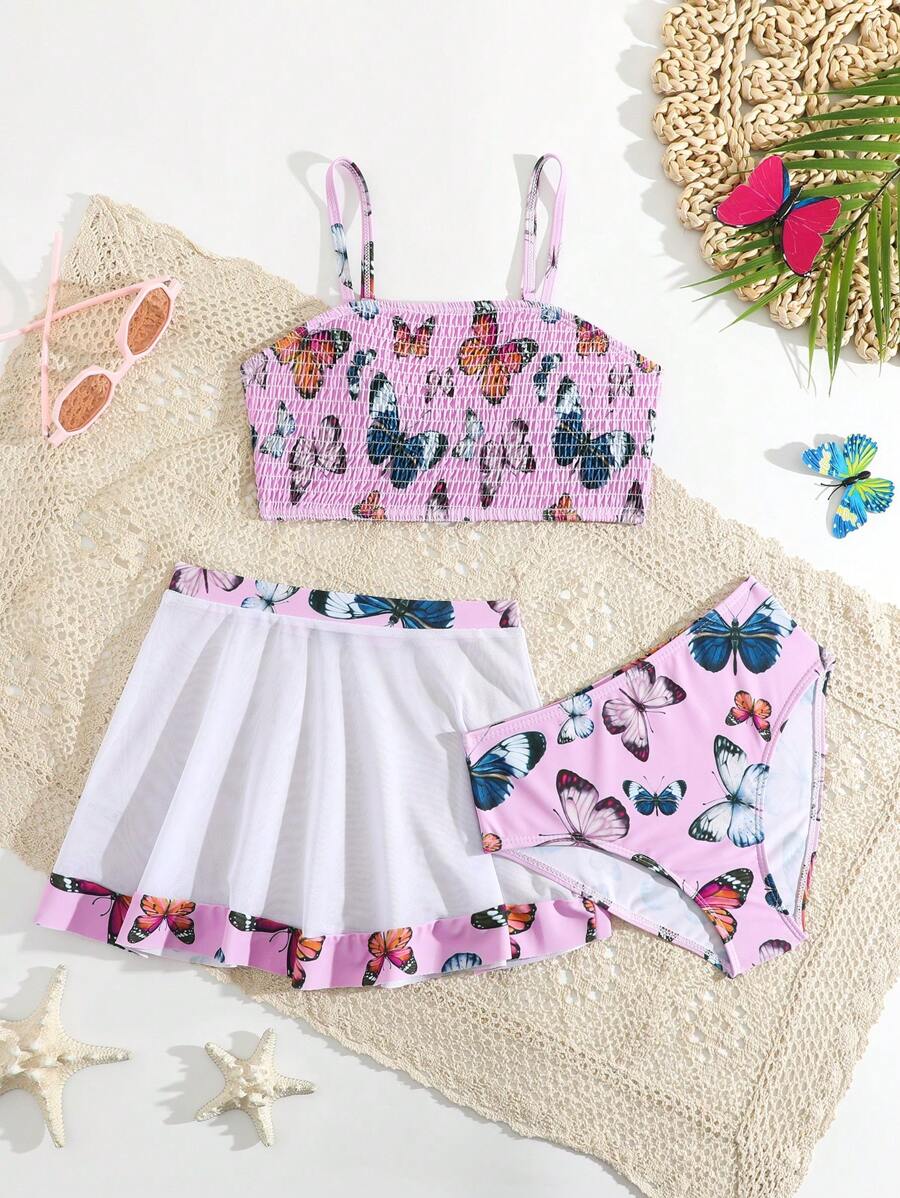 3pcs/Set Tween Girl Cute Butterfly Print Ruffle Decor Bikini Bikini Set Summer Beach - Pink - View 1
