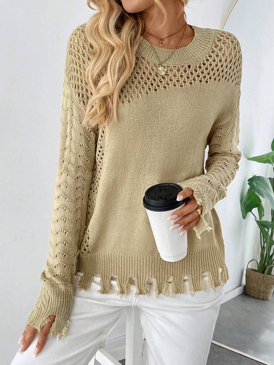 Chiquease Casual Loose Hollow-Out Knitted Sweater Top For Women, Spring Summer, Fall Winter - Camel - View 1