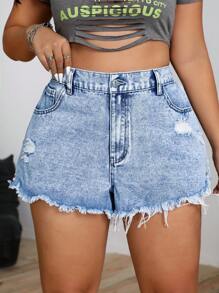 SHEIN ICON Plus Size Distressed Washed Denim Shorts, For Summer - Light Wash - View 5