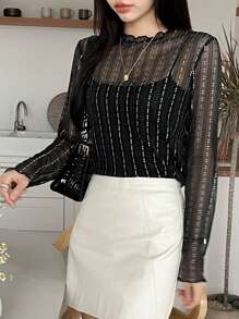 DAZY 女士透明圆领休闲衬衫，新款秋季时尚外出上衣长袖女式上衣，秋季女装 - 黑色 - 查看 6