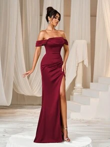 Faeriesty 纯色露肩开衩大腿正式派对礼服 - 酒紅色 - 查看 3