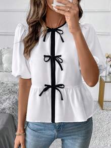 SHEIN Clasi Women's Summer Black & White Contrast Tie Front Crop Ruffles Hem Cute Collar Blouse - Black and White - View 4