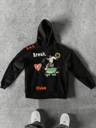 Manfinity Roghcode Erkek Mektup ve Karikatür Baskılı Günlük Kapşonlu Sweatshirt