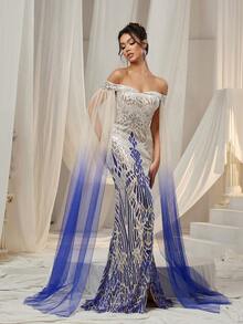 Faeriesty 露肩斗篷袖亮片美人鱼连衣裙