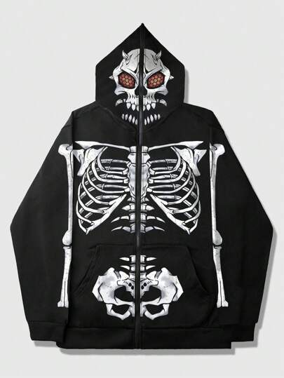 Grunge Punk Sweat-shirt à capuche avec zip, impression de crâne, manches longues, style casual, pour hommes, printemps-automne