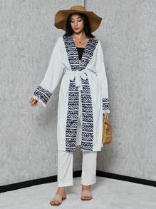 SHEIN Tall 垂肩和服裝配對比幾何圖案條紋和褲子，流蘇 - 白色 - 查看 5