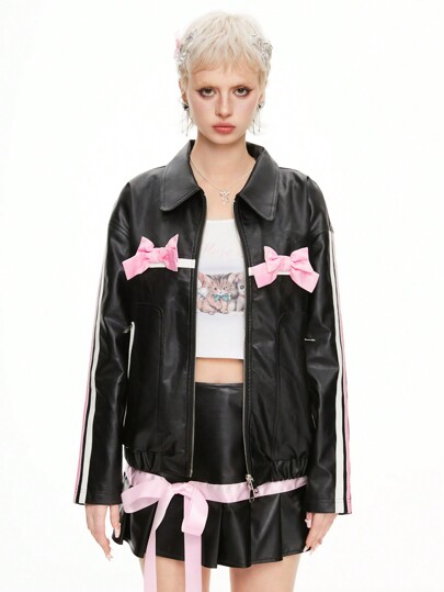 Kawaii Women's Contrast Color 3D Bow PU Motorcycle Jacket, Girly Style, School
