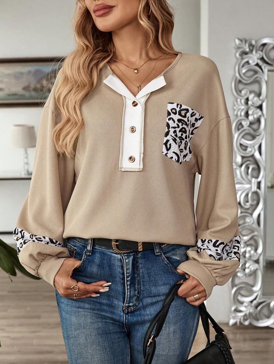 EMERY ROSE Women's V-Neck Long Sleeve Color Block Casual Loose Comfortable Leopard Print Sweatshirt - Khaki - View 1