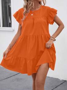 SHEIN LUNE Váy mùa hè viền bèo cổ tròn màu trơn đơn giản dành cho nữ - trái cam - Xem 4