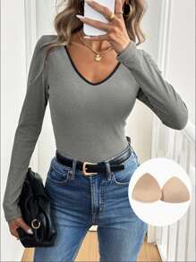 SHEIN LUNE V-Neck Double-Faced Fleece Thermal T-Shirt With Pad - Grey - View 3