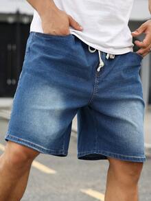 RHETRK Pantalones cortos de mezclilla holgados, informales, versátiles, con bolsillo con cordón para hombres de talla grande - Azul - Ver 8
