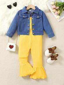 Young Girls' Denim Jacket And Ribbed Jumpsuit 2-Piece Set