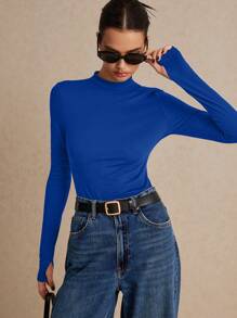 Poéselle Solid Mock Neck Tee,  Bottoming Tee, Long Sleeve, Basic Tee - Royal Blue - View 3