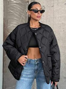 SHEIN Tall 绗缝双口袋系带冬季外套，休闲，日常穿着 - 黑色 - 查看 1