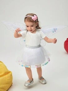 SHEIN Noworodek Dziewczynka Śliczny Fantazyjny Biały Siatkowy Kolorowy Pompon Skrzydło Elegancki Kostium Fotograficzny, Na Imprezę Halloween