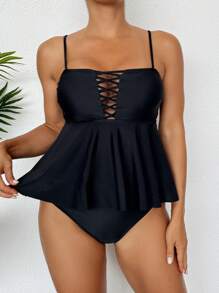 SHEIN Swim Women's Solid Color Simple Everyday Two-Piece Swimwear Summer - Black - View 5