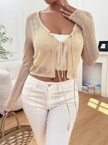 Chiquease Áo crop top dài tay màu trơn phía trước, kỳ nghỉ thông thường - Màu be - Xem 4